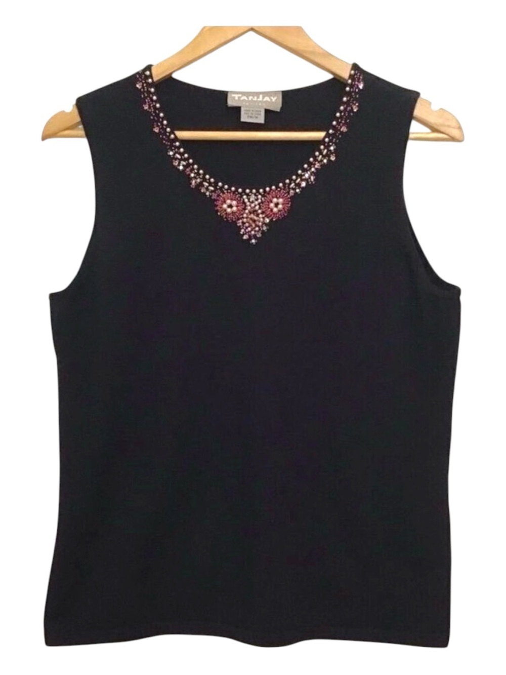 2/40$TANJAY black sleeveles top chic beaded details neckline bling medium petite